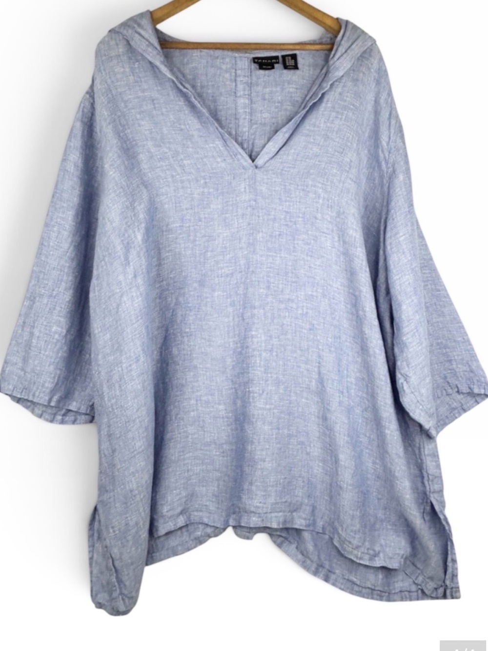 Tabari Light Blue 100% Linen Back Button Detail Hooded V-Neck Tunic 3X